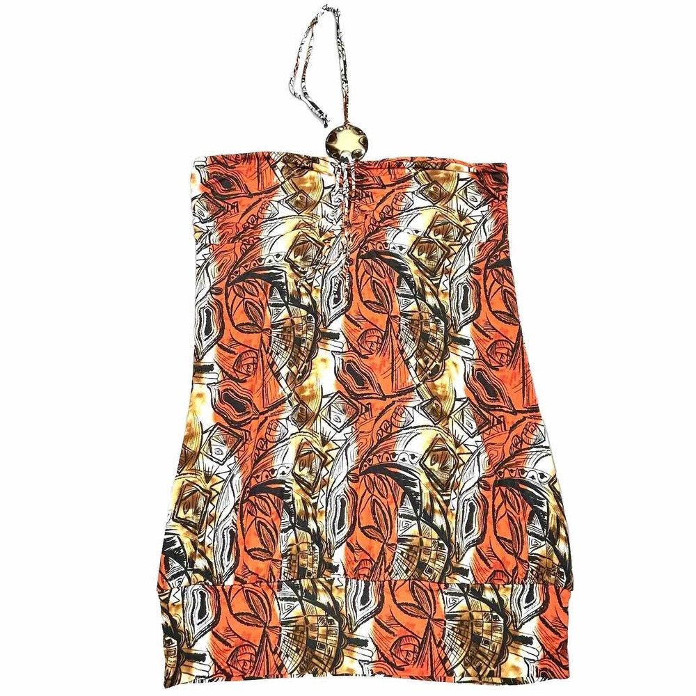 Caren Sport Dress Women's 3X Orange Black Brown Tan Halter Tie Neck Midi Print‎